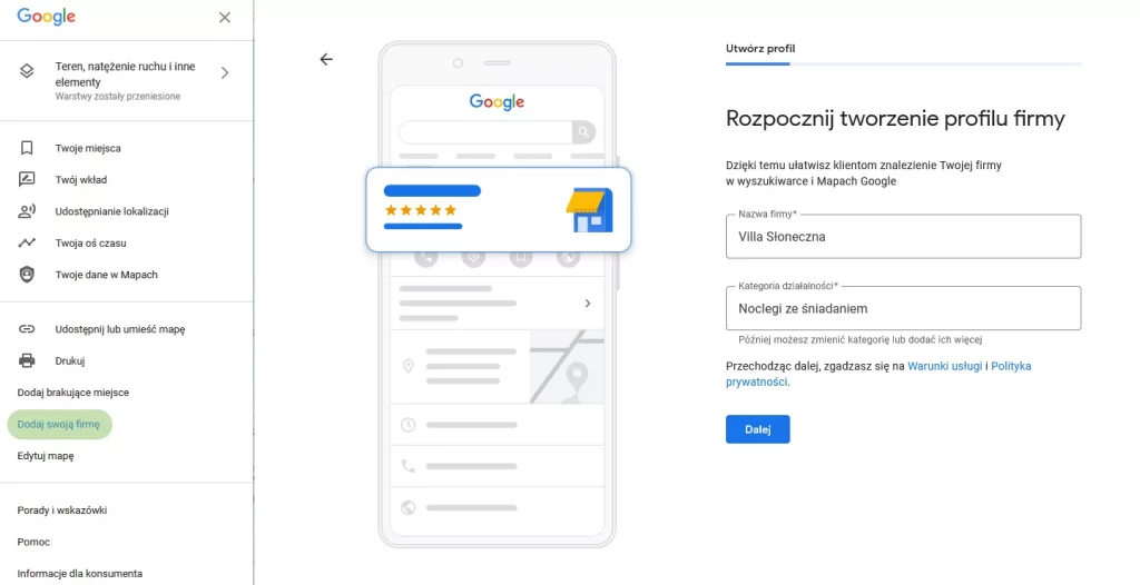 jak dodać obiekt noclegowy do Google Moja firma
